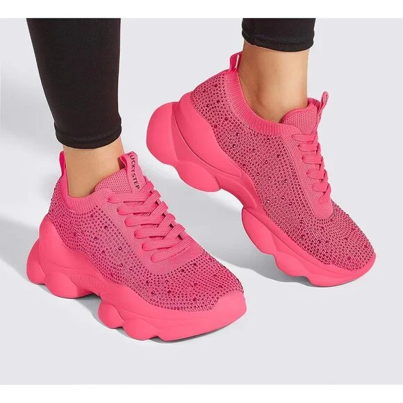 Lucky Step Women's Pink Rhinestone Sneaker Chunky Sparkly Bling Mesh Slip on - Picture 9 of 9